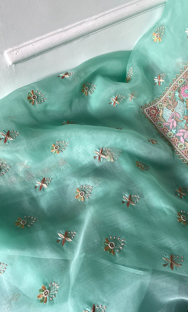 Women's Lakhnavi Handcrafted Pure Organza Chikankari Unstitched Kurta And Dupatta Set- HONC0326296