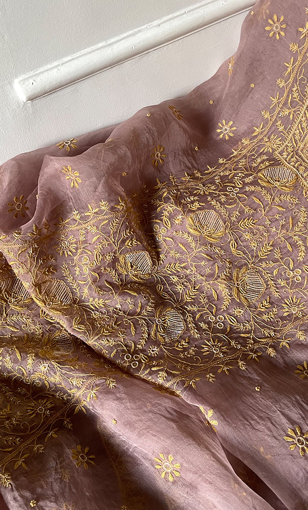 Women's Lakhnavi Handcrafted Pure Organza Chikankari Unstitched Kurta And Dupatta Set- HONC0318670