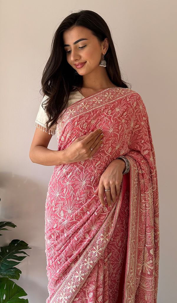Women's Lakhnavi Handcrafted Pure Silk Georgette Chikankari Saree - HONC0334748