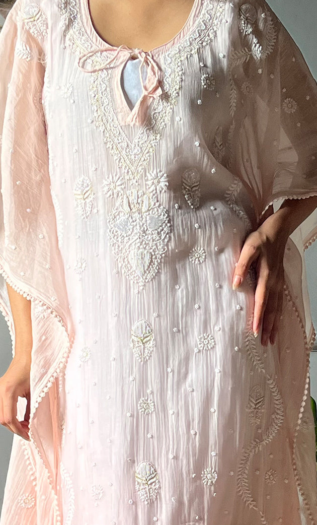 Rabia Women's Lucknowi Handcrafted Mul chanderi Chikankari Kaftan - HONC0304370