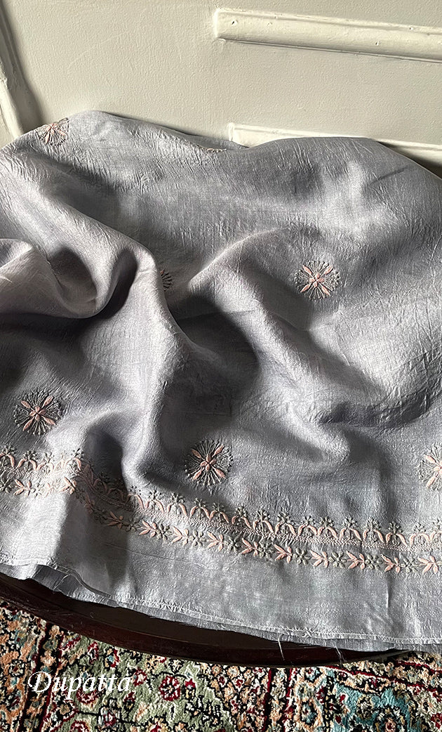 Women's Lakhnavi Handcrafted Tussar Silk Chikankari Kurta And Dupatta Set - HONC0307393
