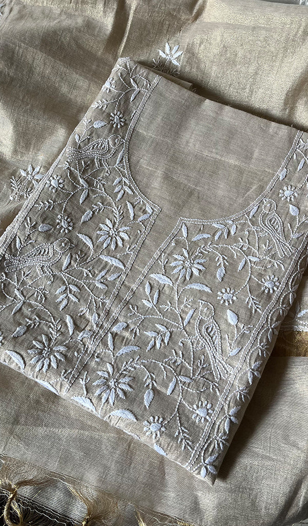 Women's Lakhnavi Handcrafted Tissue Chanderi Chikankari Unstitched Kurta And Dupatta Set- HONC0242483