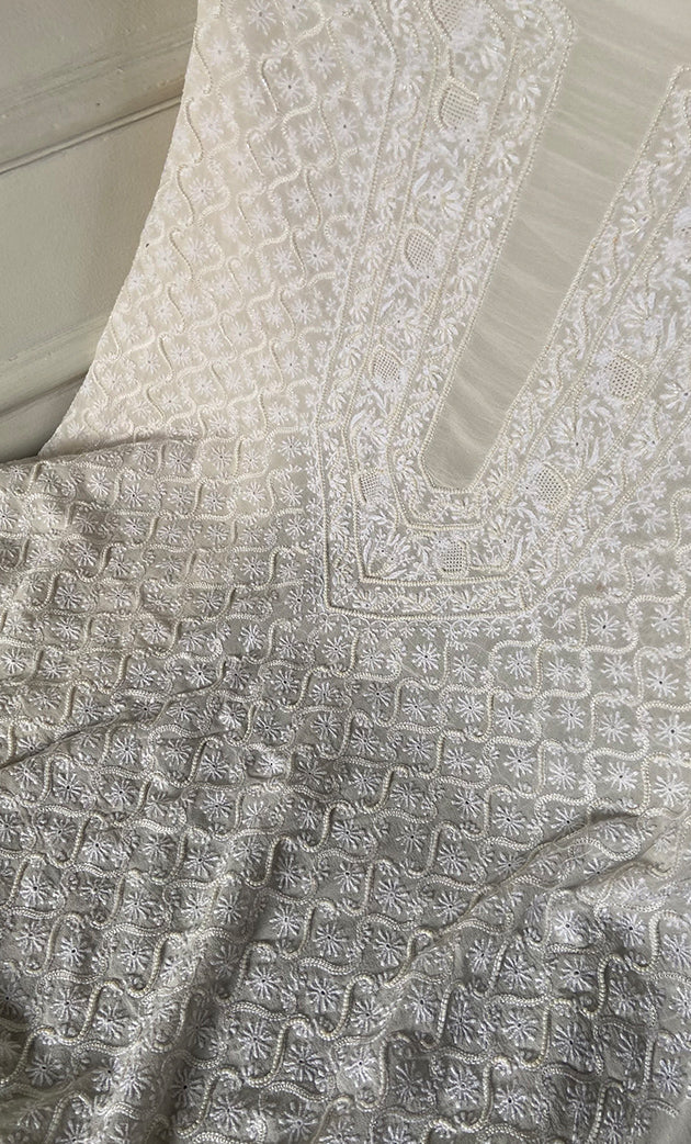 Lucknowi Handcrafted Pure Silk Georgette Chikankari Unstitched Men's Kurta Fabric - HONC0284198