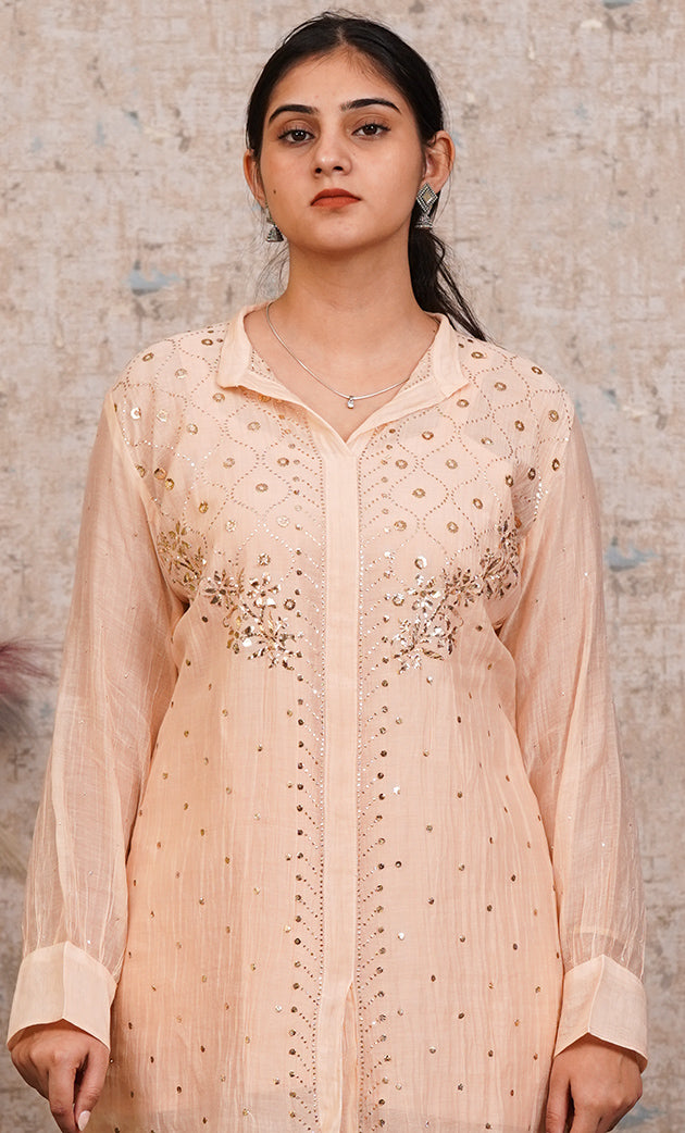 Women's Lucknowi Handcrafted Mul Chanderi Stitched Chikankari Kurta And Plazzo Set- HONC0318571