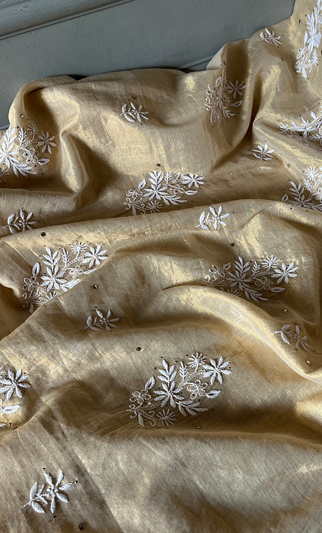 Women's Lakhnavi Handcrafted Tissue Chanderi Unstitched Kurta And Dupatta Set - HONC0278195