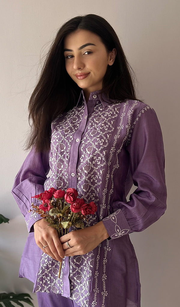 Sarah Women's Lakhnavi Handcrafted Chanderi Silk Chikankari Top And Pant Set - HONC0343880