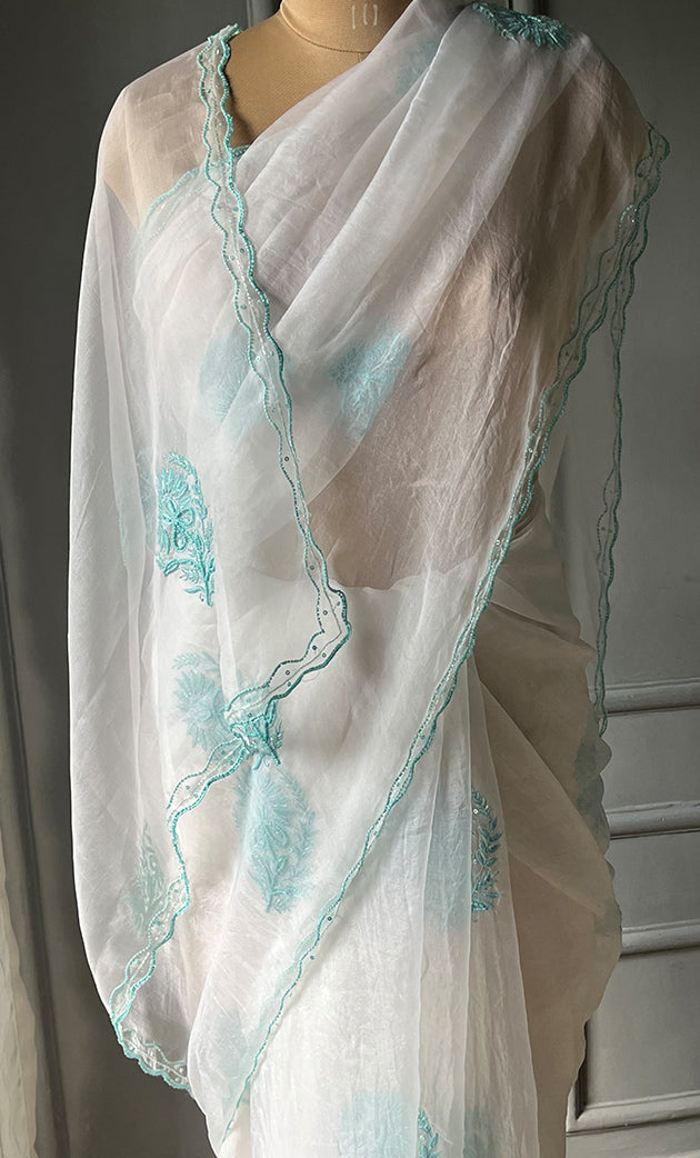 Women's Lucknowi Handcrafted Pure Organza Silk Chikankari Saree - HONC0299230