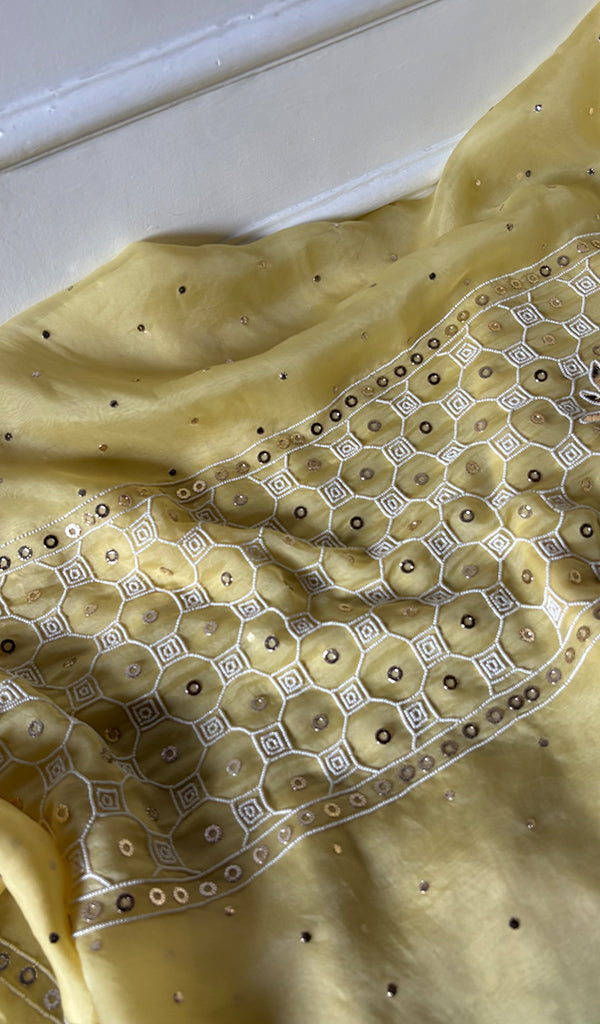 Women's Lakhnavi Handcrafted Pure Organza Chikankari Unstitched Kurta And Dupatta Set- HONC0314317