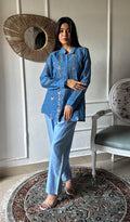Emma Women's Lucknowi Handcrafted Mul Chanderi Stitched Chikankari Kurta And Pant Set- HONC0320764