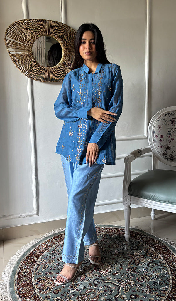 Emma Women's Lucknowi Handcrafted Mul Chanderi Stitched Chikankari Kurta And Pant Set- HONC0320764