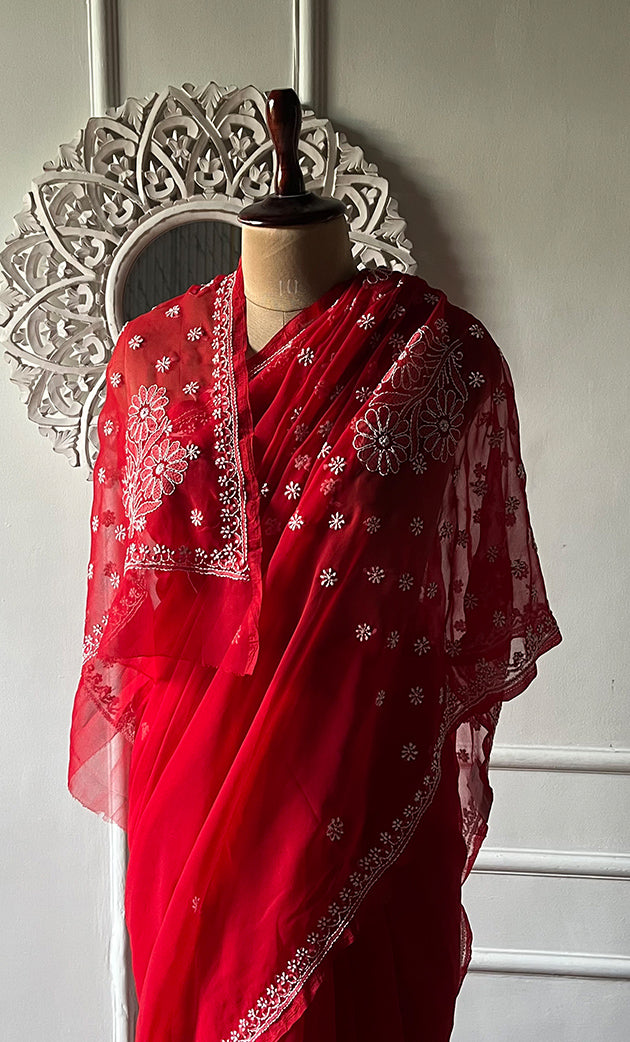 Women's Lucknowi Handcrafted  Faux-Georgette Chikankari Saree - HONC0311919