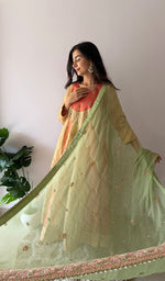 将图像加载到图库查看器中， Women's Lakhnavi Handcrafted Tissue Chanderi Silk  Chikankari Stitched Anarkali , Dupatta And Pant Set - HONC0336837