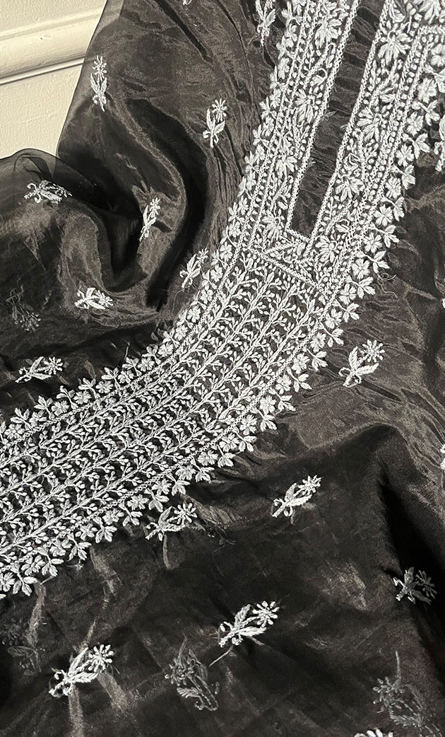 Charvi Women's Lakhnavi Handcrafted Organza Chikankari Unstitched Kurti Fabric - HONC0336177