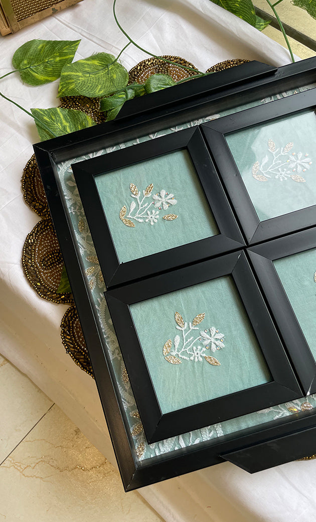Handcrafted Chikankari Embroidered Wooden Coaster Set – (Set of 4) - HONC0313520