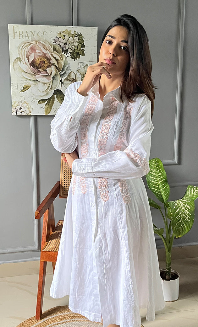 Niyat Women's Lucknowi Handcrafted Cotton Chikankari Long Dress - HONC0303751