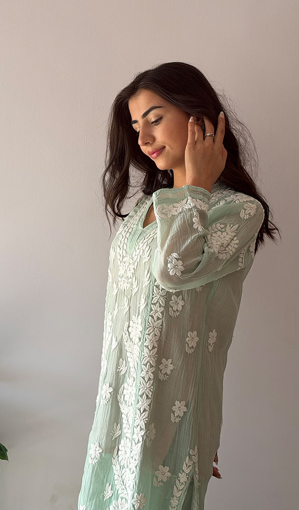 Women's Lucknowi Handcrafted Mul Chanderi Stitched Chikankari Kurta And Plazzo Set- HONC0378796