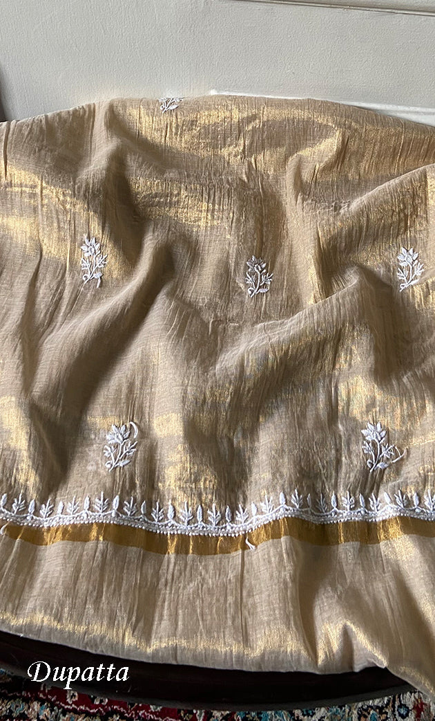Women's Lakhnavi Handcrafted Tissue Chanderi Unstitched Chikankari Kurta And Dupatta Set - HONC0332082