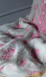 将图像加载到图库查看器中， Women&#39;s Lakhnavi Handcrafted Pure Organza Chikankari Unstitched Kurta And Dupatta Set- HONC0303193
