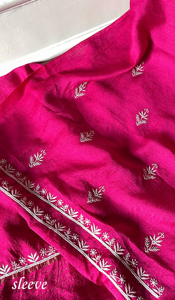 Women's Lakhnavi Handcrafted Munga Silk Chikankari Kurta And Dupatta Set- HONC0275144