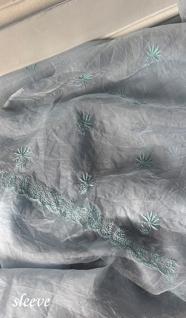 Women's Lakhnavi Handcrafted Pure Organza Silk Chikankari Unstitched Full Suit Material - HONC0365704