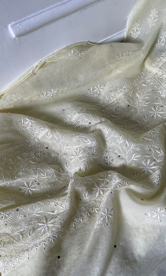 Women's Lakhnavi Handcrafted Mul Chanderi Semi -stitched Chikankari Full Suit Material - HONC0296119