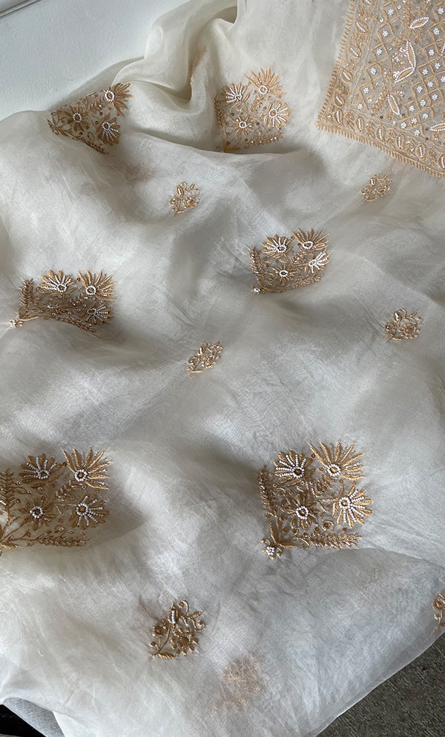 Women's Lakhnavi Handcrafted Pure Organza Chikankari Unstitched Kurta And Dupatta Set- HONC0308250