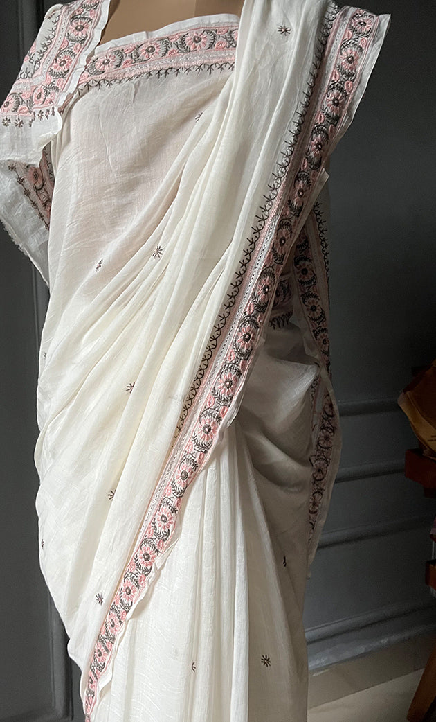 Women's Lakhnavi Handcrafted Mul Chanderi Chikankari Saree - HONC0301813
