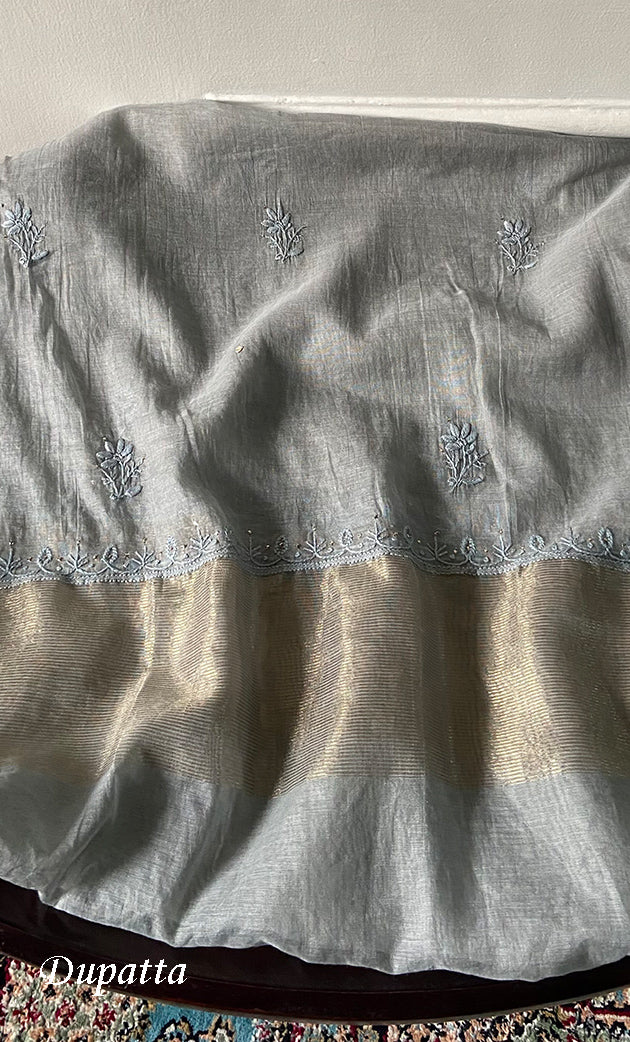 Women's Lakhnavi Handcrafted Mul Chanderi Unstitched Chikankari Full Suit Material - HONC0324473