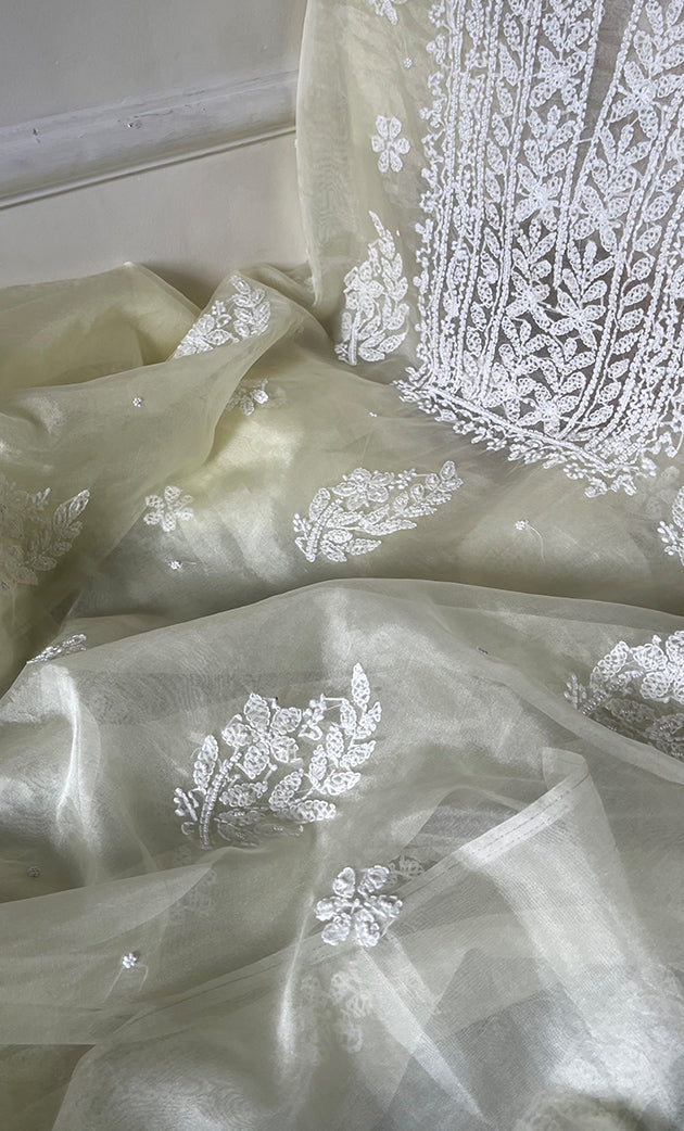 Women's Lakhnavi Handcrafted Organza Chikankari Unstitched Full Suit Material - HONC0284626