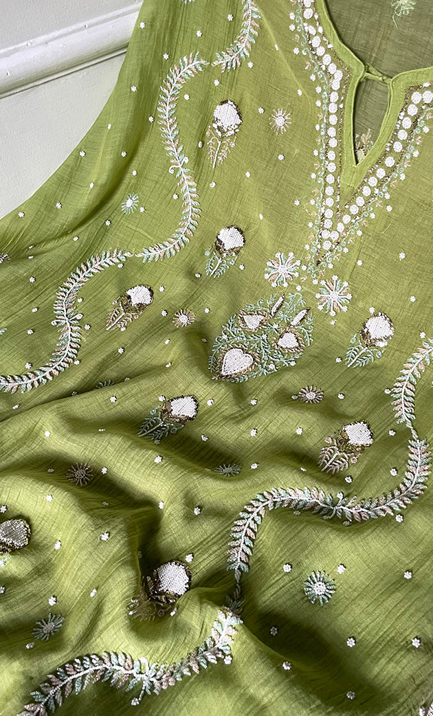 Rabia Women's Lucknowi Handcrafted Mul chanderi Chikankari Kaftan - HONC0311996