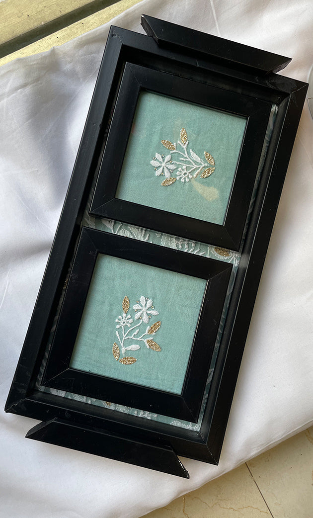 Handcrafted Chikankari Tray with Two Coasters – Wooden Frame - HONC0313526