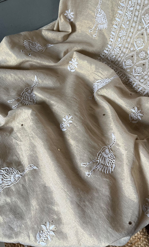 Women's Lakhnavi Handcrafted Tissue Chanderi Unstitched Kurta And Dupatta Set - HONC0267164