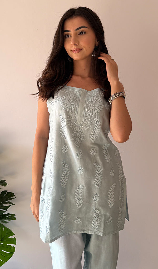 Amreena Women's Lakhnavi Handcrafted Chanderi Silk Chikankari Top And Pant Set - HONC0373442