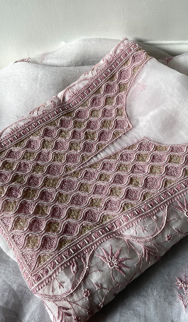 Women's Lakhnavi Handcrafted Pure Organza Chikankari Unstitched Kurta And Dupatta Set- HONC0316458