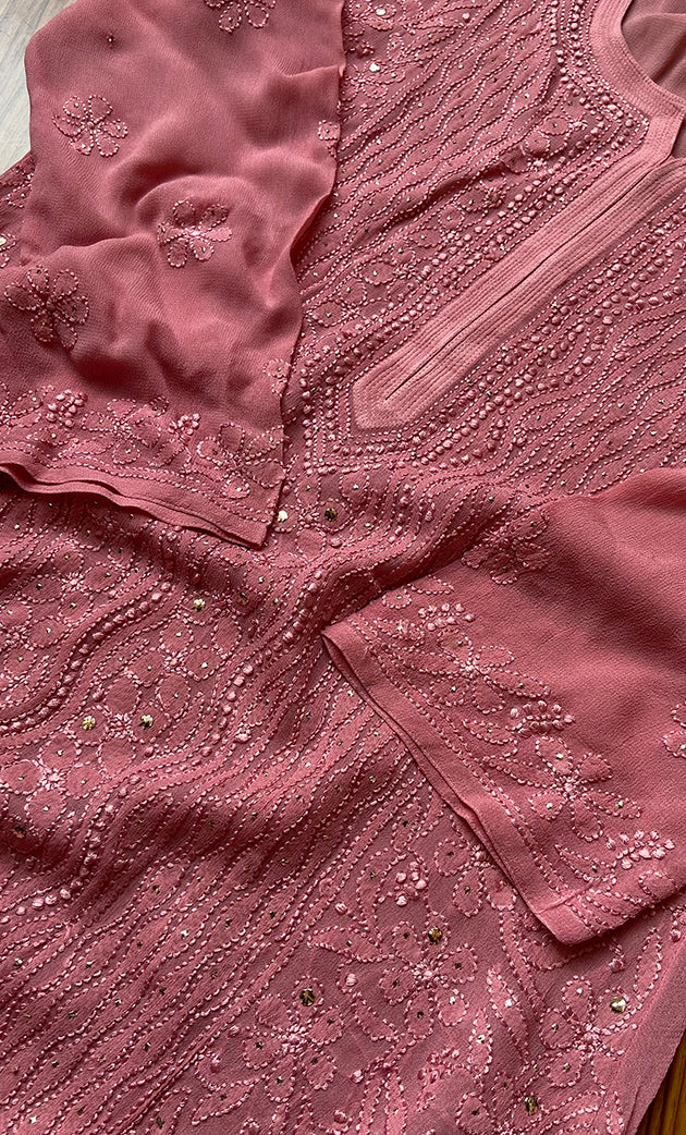 Yusra Women's Lakhnavi Handcrafted Viscose Georgette Chikankari Kurti- HONC0282716