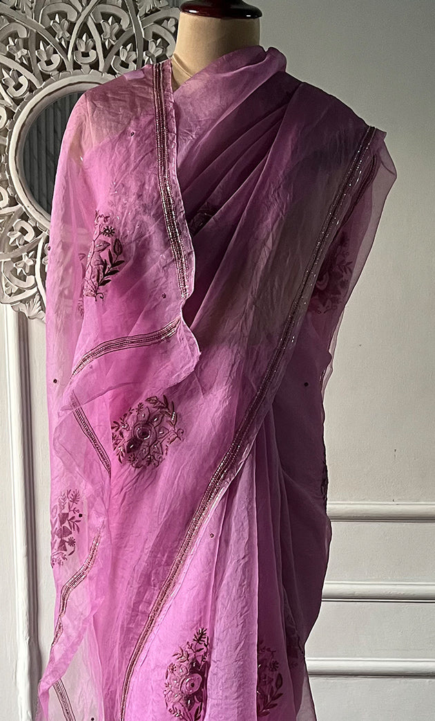 Women's Lucknowi Handcrafted Pure Organza Silk Chikankari Saree - HONC0321773