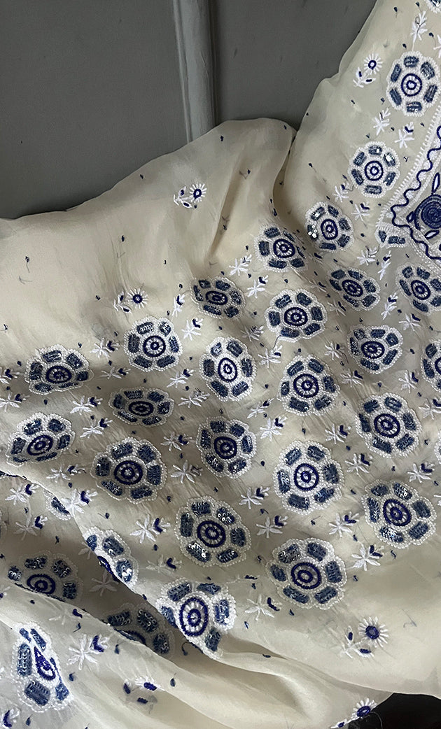 Women's Lakhnavi Handcrafted Pure Organza Chikankari Unstitched Kurta And Dupatta Set- HONC0310886