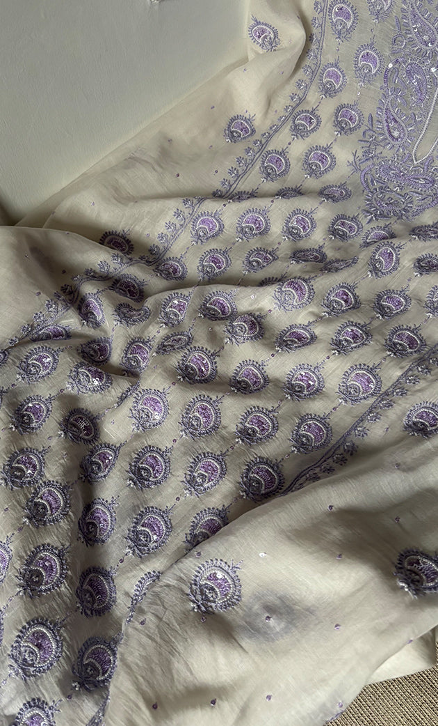 Women's Lakhnavi Handcrafted Unstitched Mul Chanderi Kurta And Dupatta Set - HONC0324072