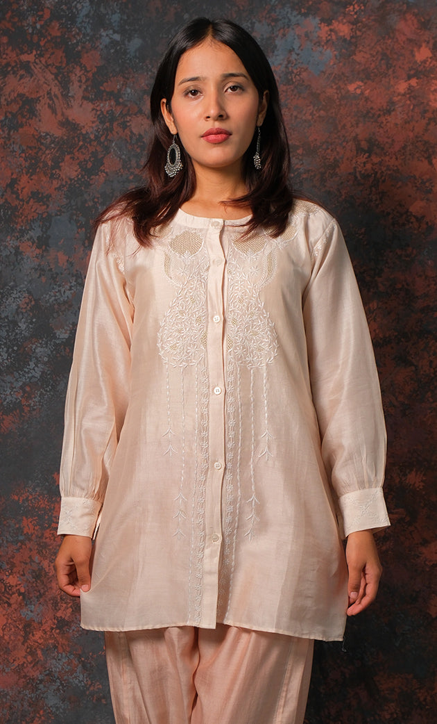 Women's Lakhnavi Handcrafted Chanderi Silk Chikankari Top And Pant Set - HONC0310746