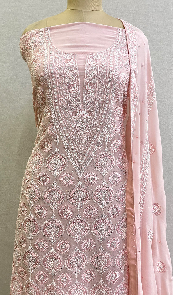 Women's Lakhnavi Handcrafted Pure Silk Georgette Chikankari Full Suit Fabric- HONC0160744