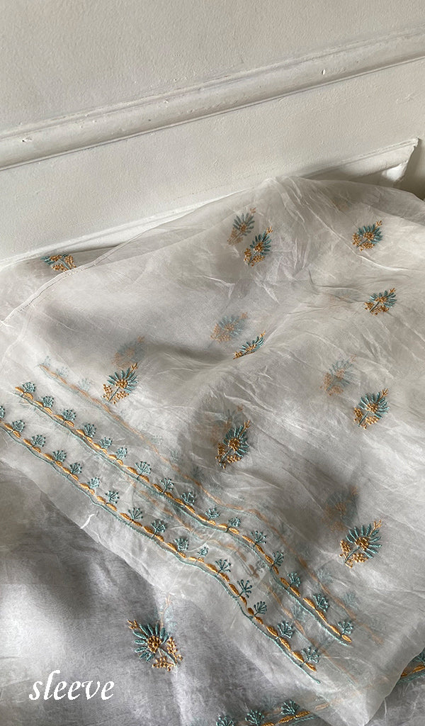 Women's Lakhnavi Handcrafted Pure Organza Chikankari Unstitched Kurta And Dupatta Set- HONC03361470