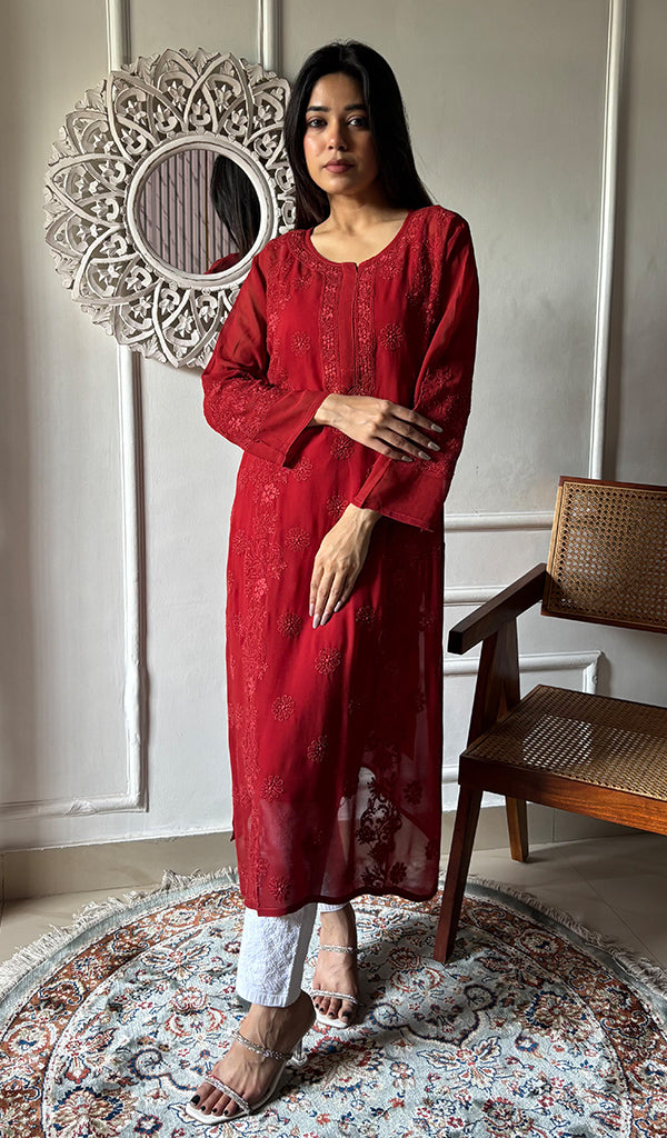 Safiya Women's Lakhnavi Handcrafted Viscose Georgette Chikankari Kurti- HONC0207795