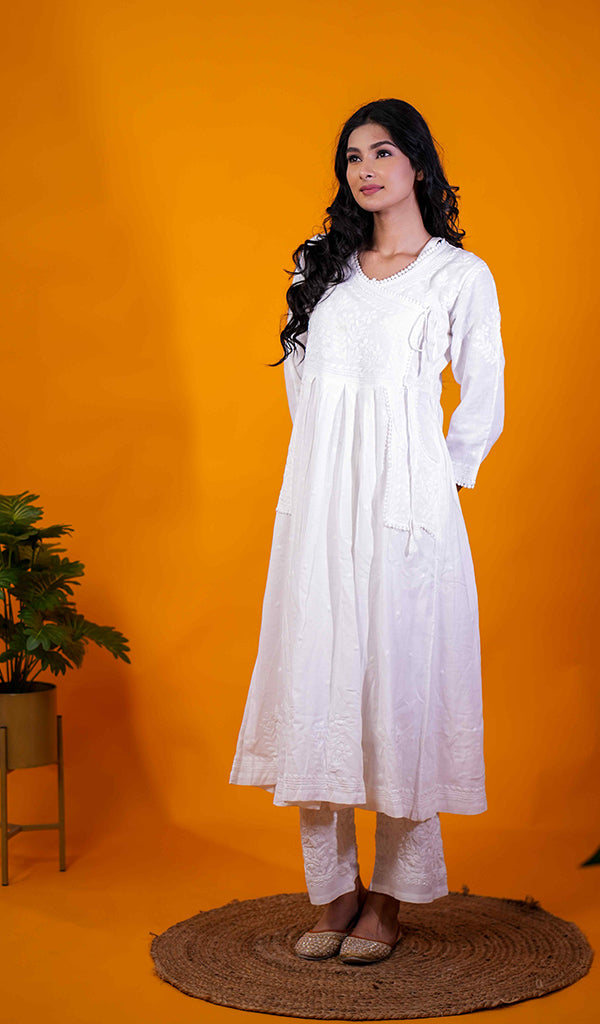 Women's Lakhnavi Handcrafted Slub Cotton Chikankari Angrakha - HONC0119056