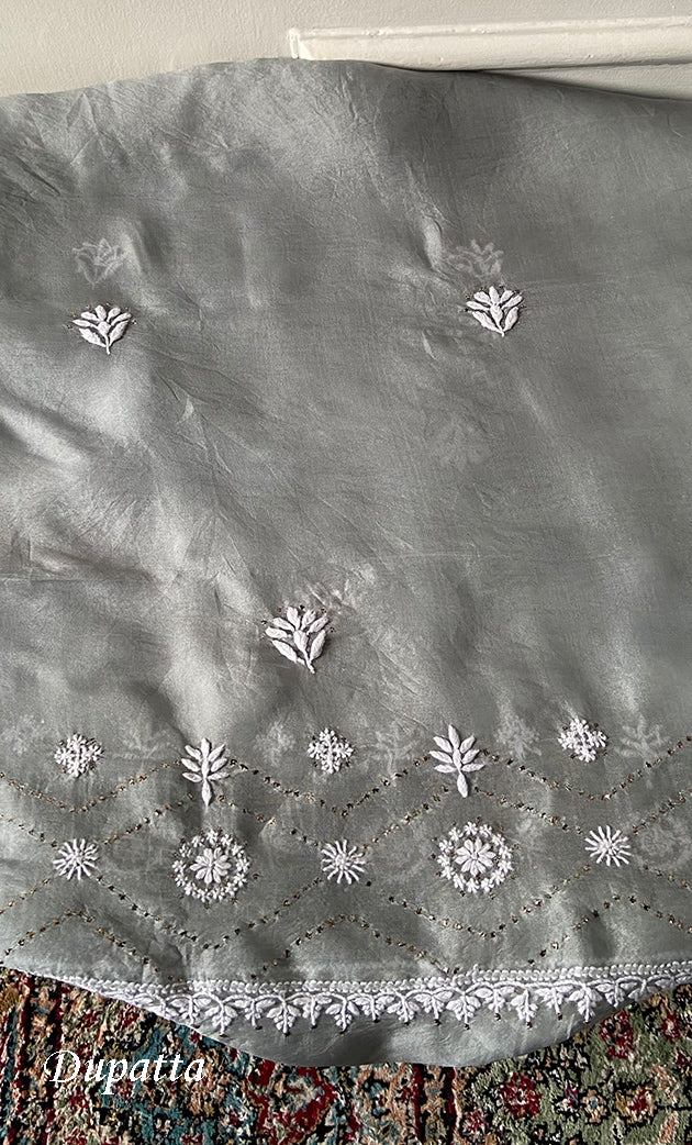 Rubi Women's Lakhnavi Handcrafted Pure Organza Chikankari Unstitched Kurta And Dupatta Set-  HONC0326309