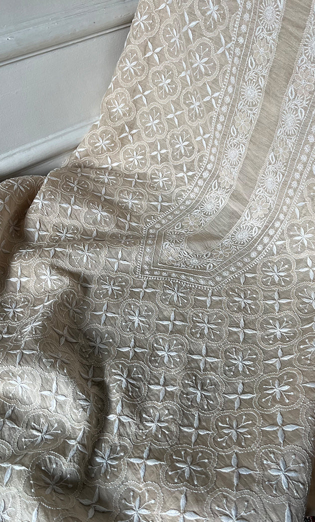 Lucknowi Handcrafted Munga Silk Chikankari Unstitched Men's Kurta Fabric - HONC0337757