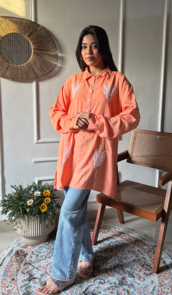 Lakhnavi 手工制作的 Chikankari 棉质上衣 - HONC0111291