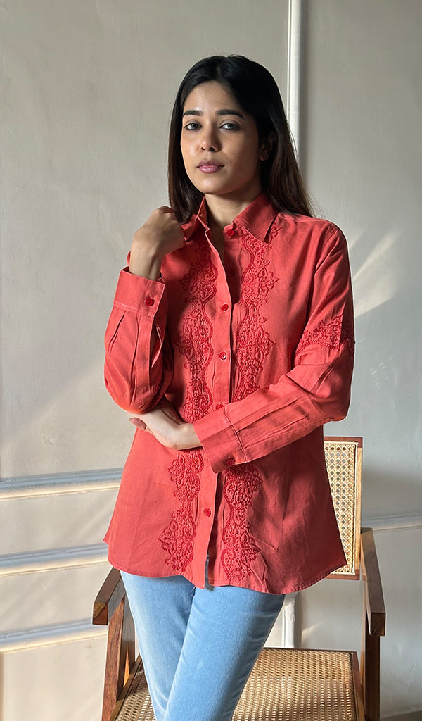 Driti Women's Lucknowi Handcrafted Slub Cotton Chikankari Top - HONC0299137