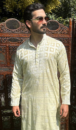 将图像加载到图库查看器中， Men's Lucknowi Handcrafted Cotton Chikankari Kurta - HONC0335234
