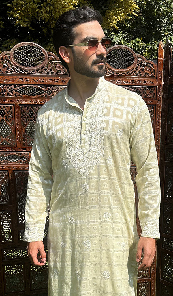 Men's Lucknowi Handcrafted Cotton Chikankari Kurta - HONC0335234