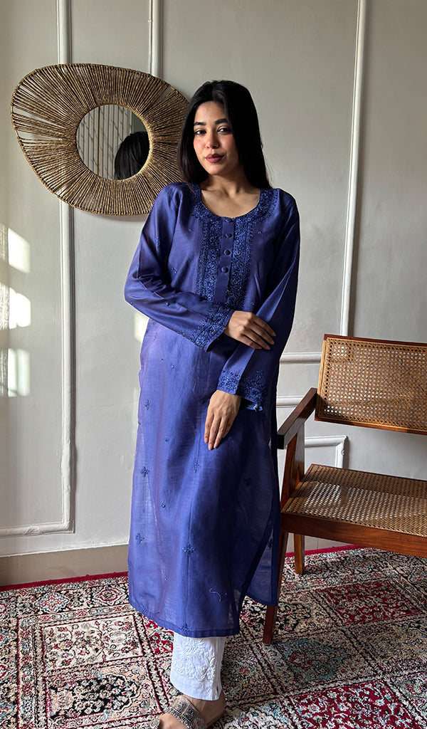 Ishita Women's Lucknowi Handcrafted Chanderi Silk Chikankari Kurti - HONC0342789